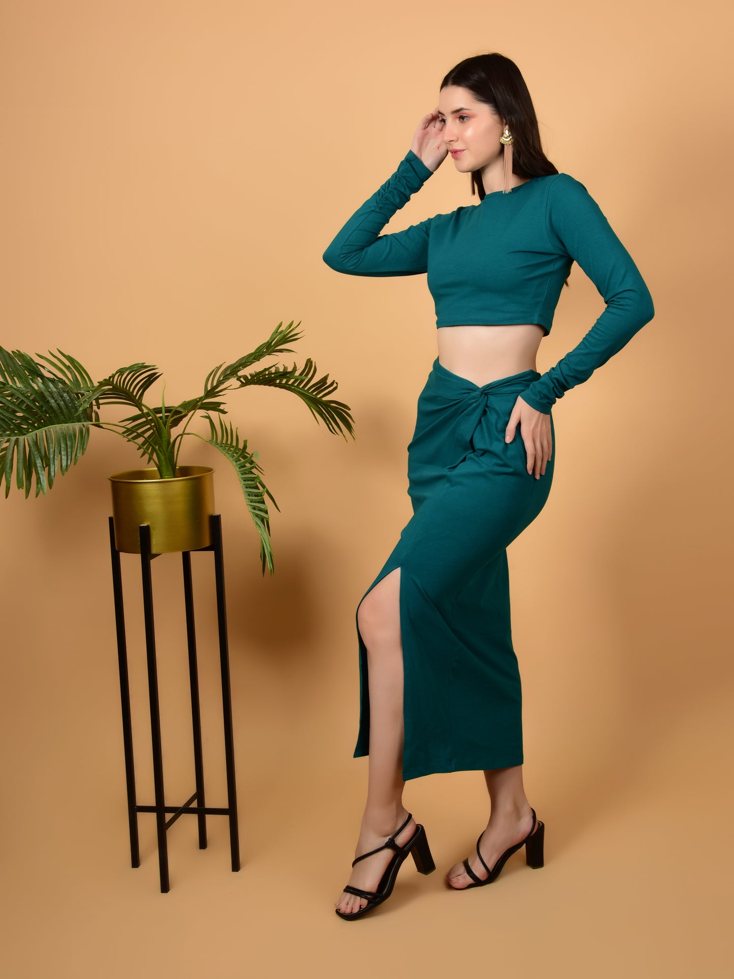 Flawless Women's Teal Cotton Lycra Sexy Top and Front Slit Skirt Party Co-Ord Set | KILLY Being Flawless