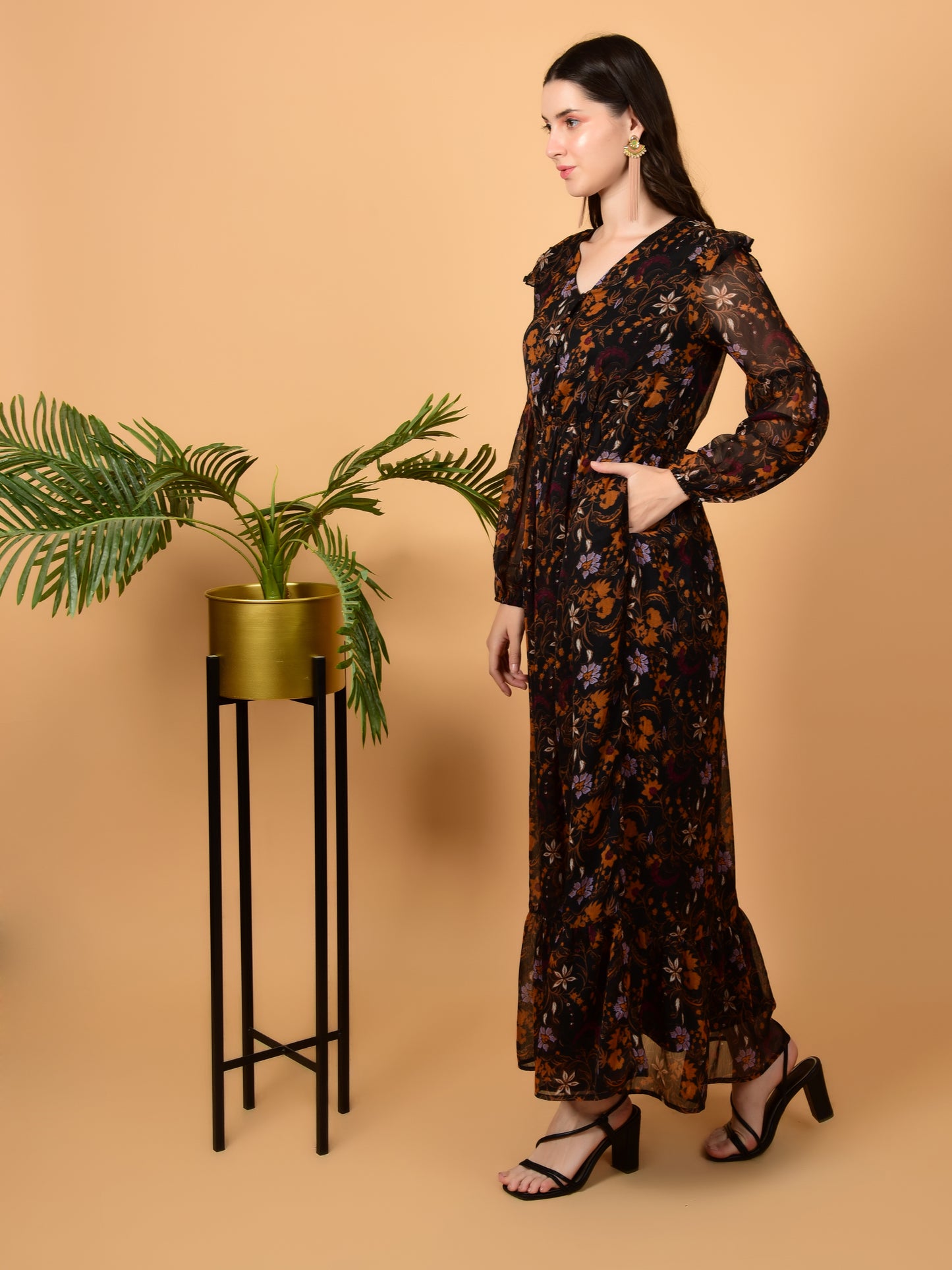 Flawless Brown Print Flared Dress For Women | PIPPA Being Flawless