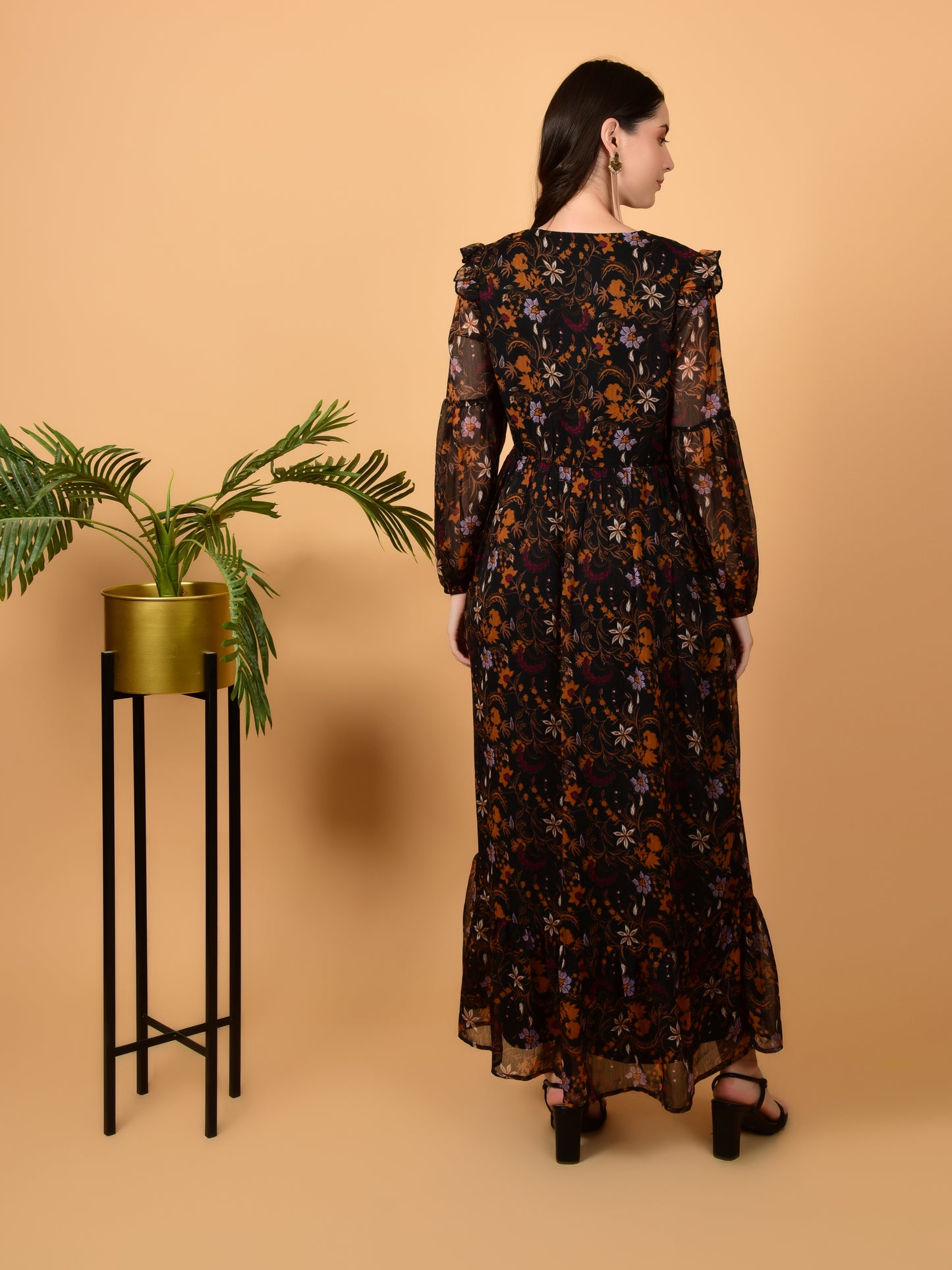 Flawless Brown Print Flared Dress For Women | PIPPA Being Flawless