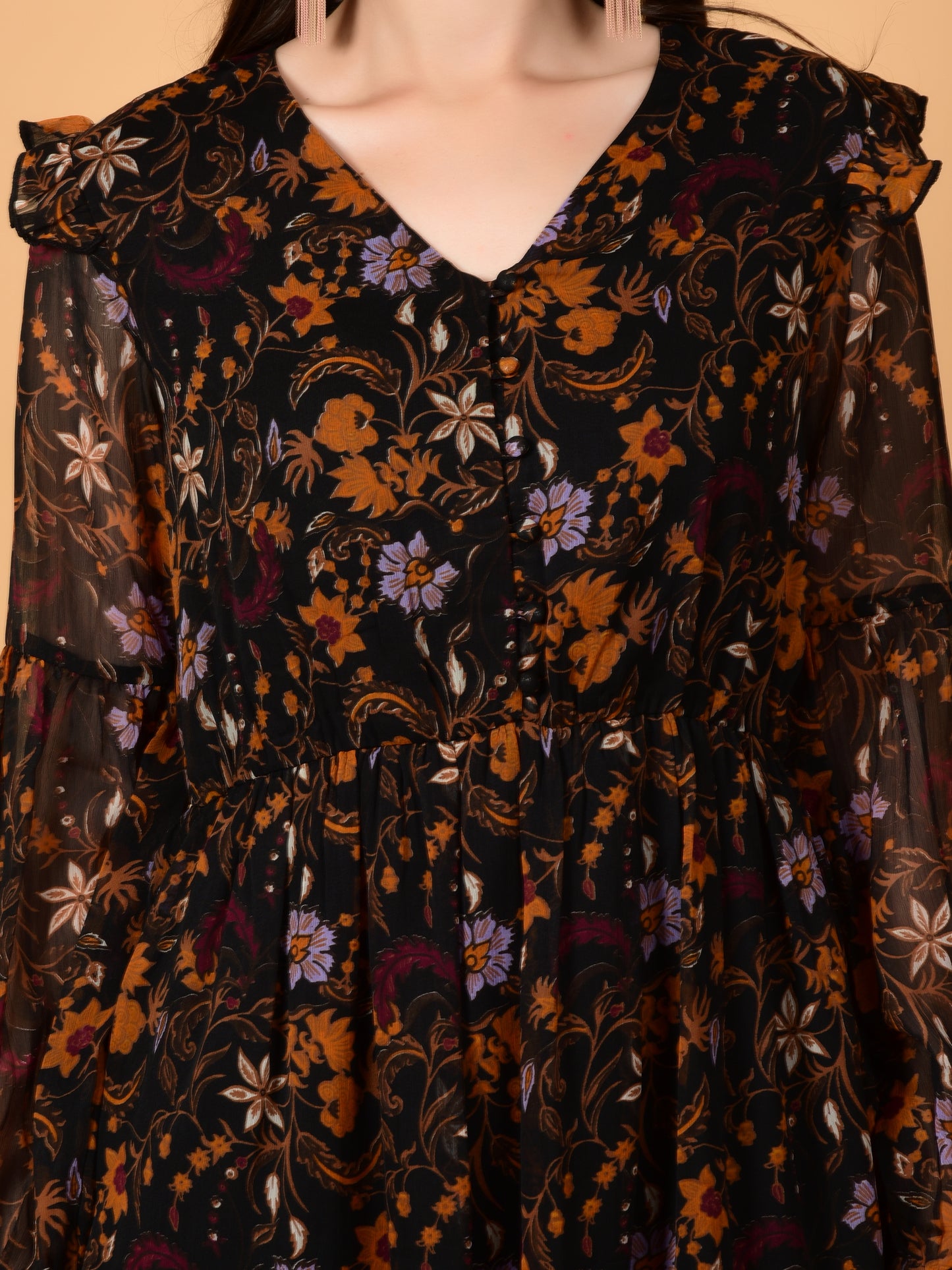 Flawless Brown Print Flared Dress For Women | PIPPA Being Flawless