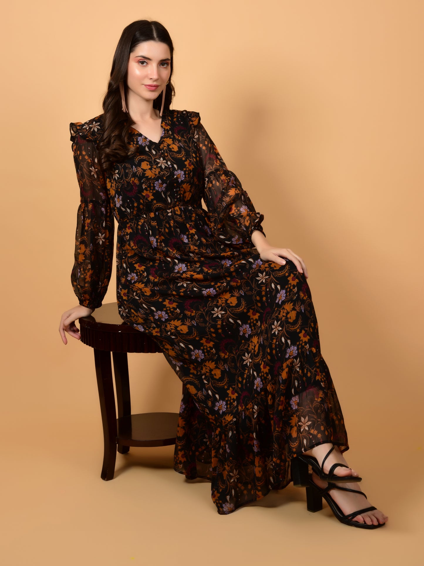 Flawless Brown Print Flared Dress For Women | PIPPA Being Flawless