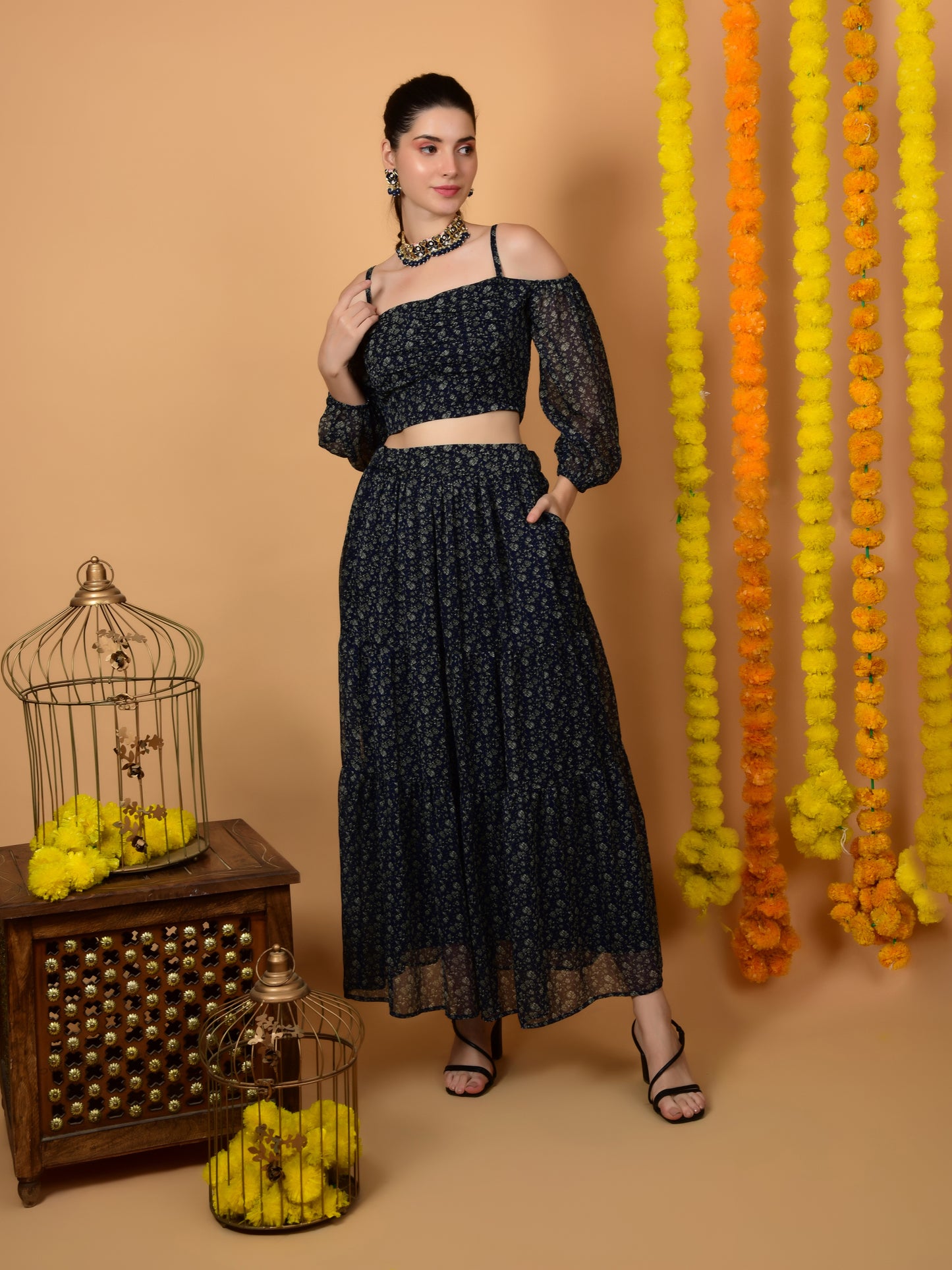 Flawless Party Wear Navy Print Co-ord Set For Women | TIMITHY Being Flawless