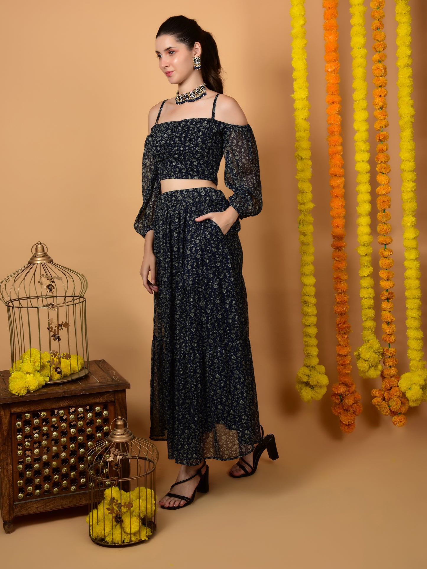 Flawless Party Wear Navy Print Co-ord Set For Women | TIMITHY Being Flawless