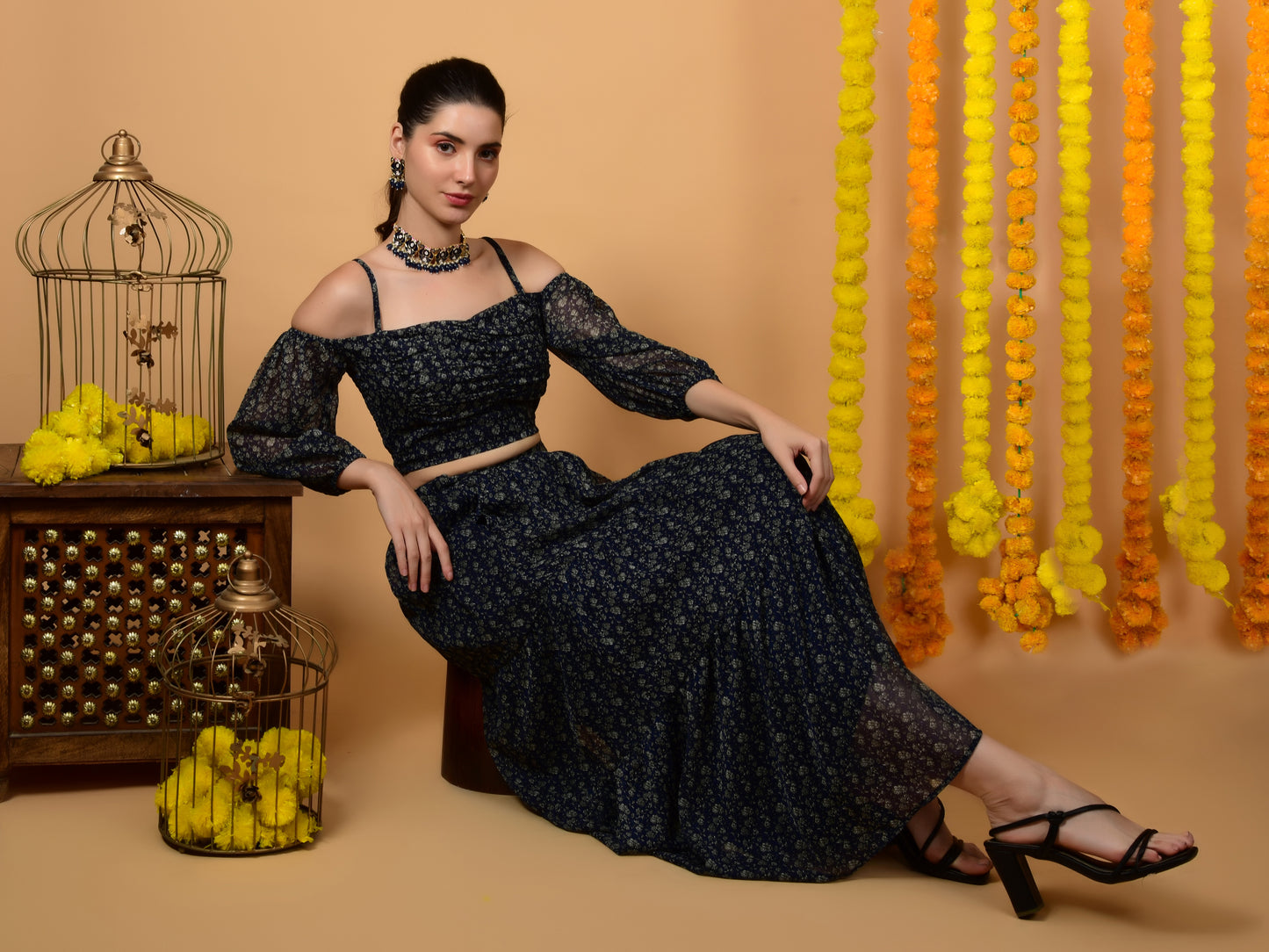 Flawless Party Wear Navy Print Co-ord Set For Women | TIMITHY Being Flawless