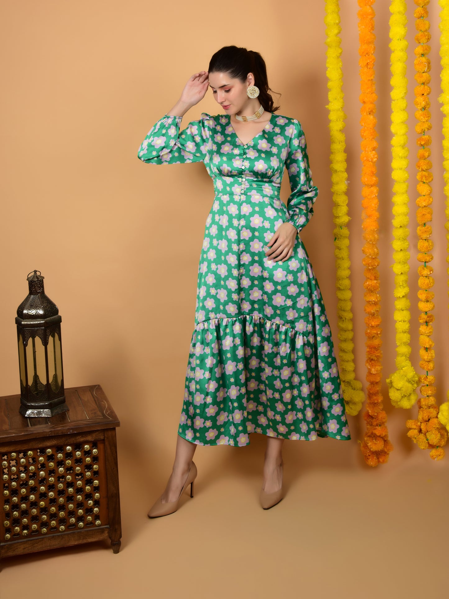 Flawless Women Preety Green Print Dress | MEDOW Being Flawless