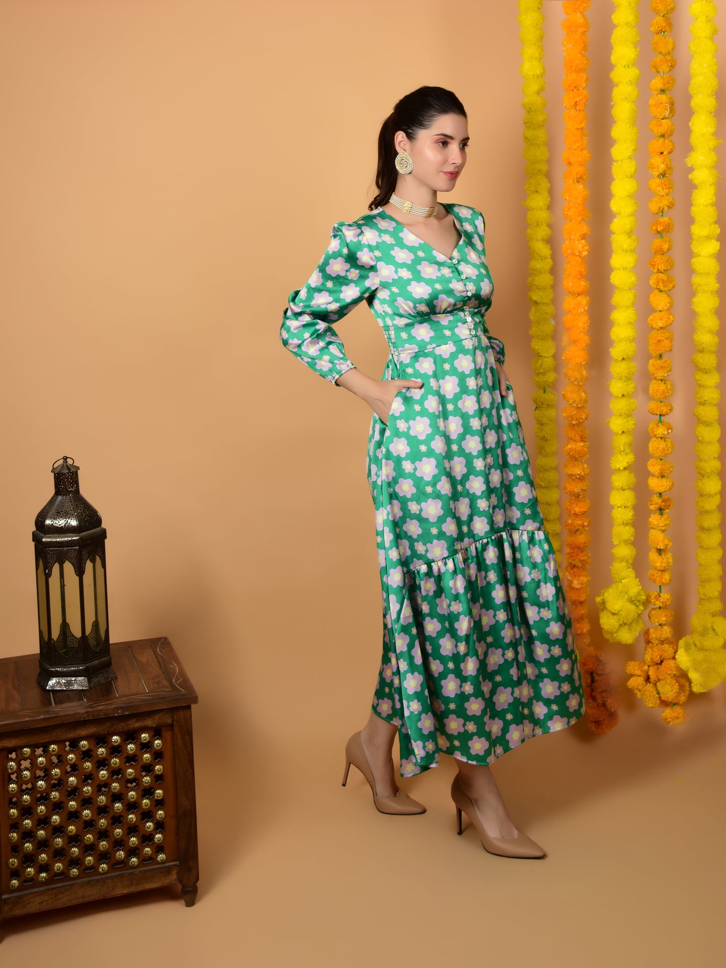 Flawless Women Preety Green Print Dress | MEDOW Being Flawless