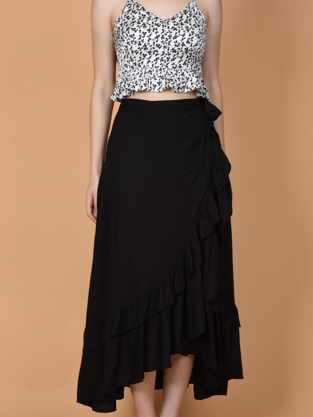 Flawlesss Women Stylish and Versatile FashionBlack Wrap Around Tie Knot Skirt Being Flawless