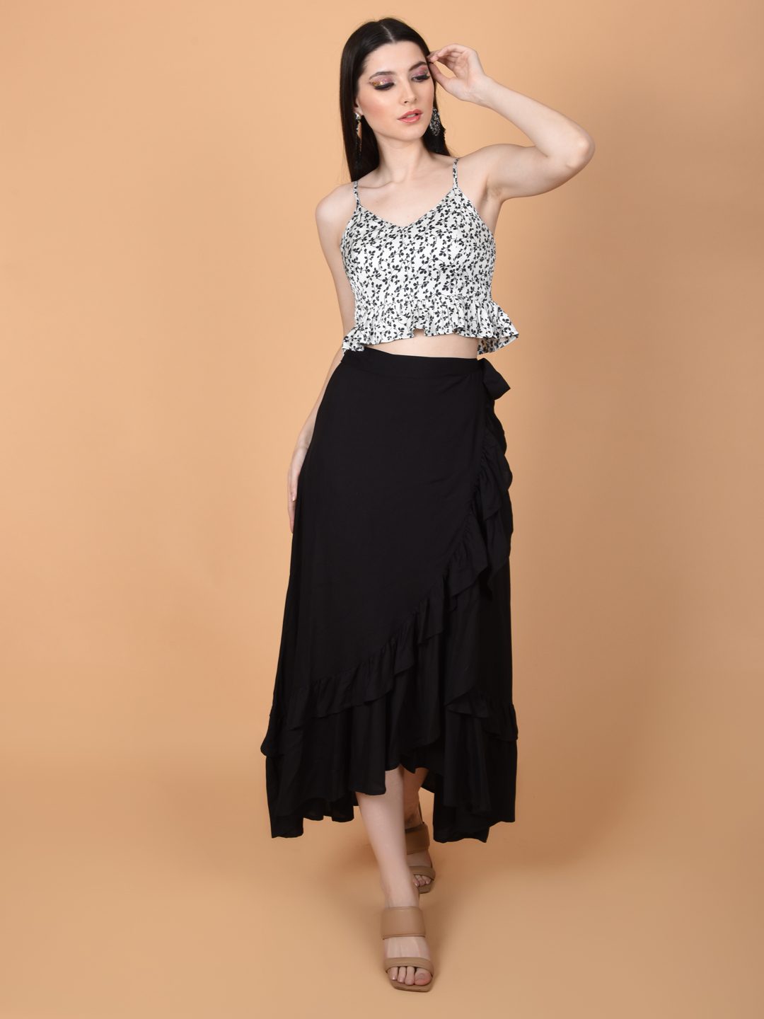Flawlesss Women Stylish and Versatile FashionBlack Wrap Around Tie Knot Skirt Being Flawless