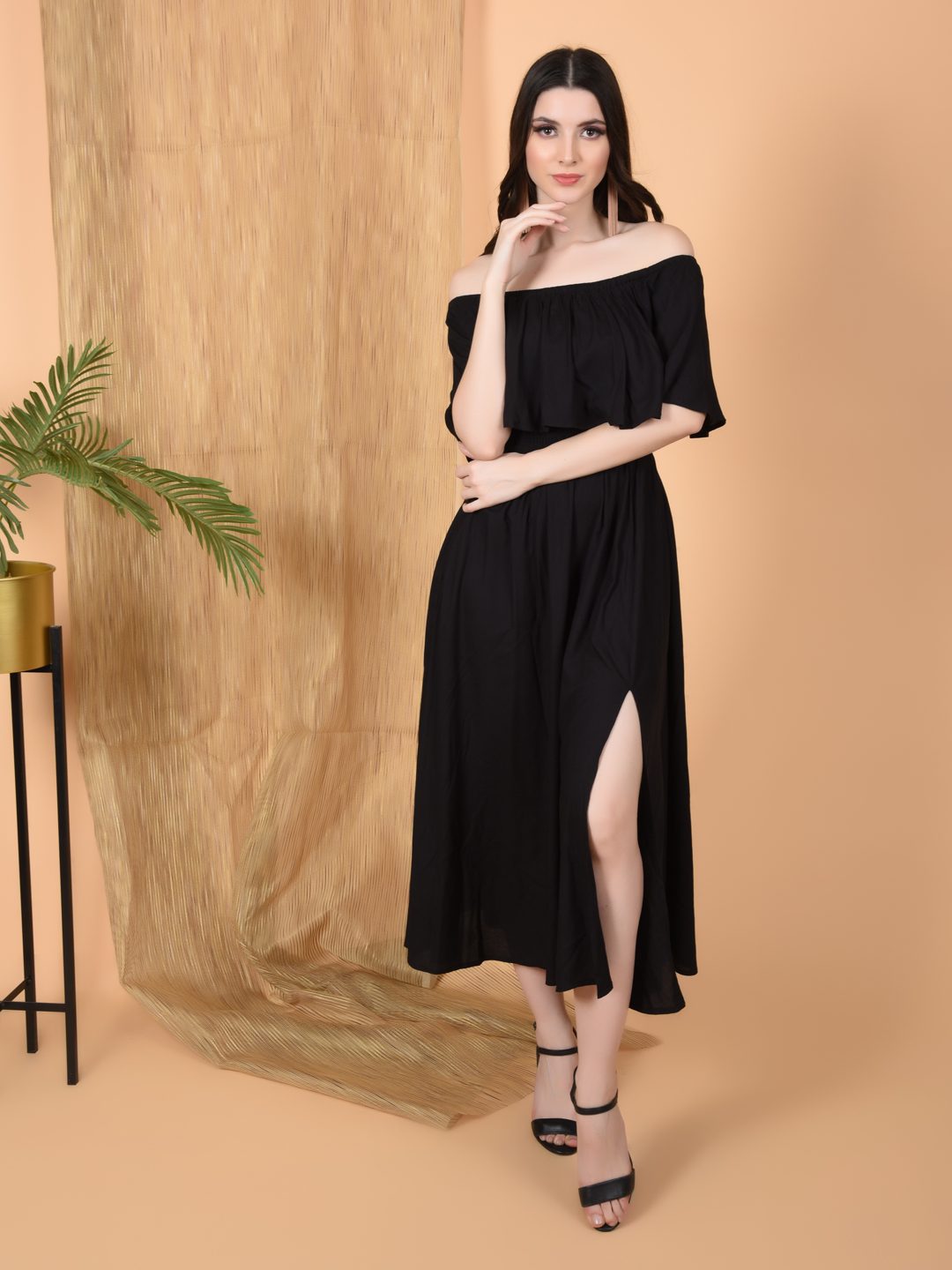 Flawless Women Off Shoulder With Pockets Black Dress | DIANA Being Flawless