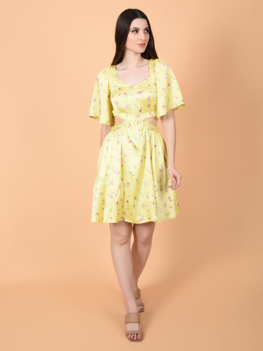 Yellow Print Dress in Luxurious Satin | ALAN Being Flawless