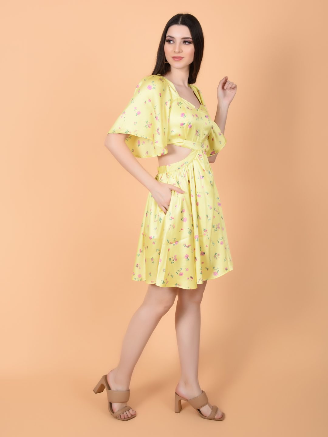 Yellow Print Dress in Luxurious Satin | ALAN Being Flawless