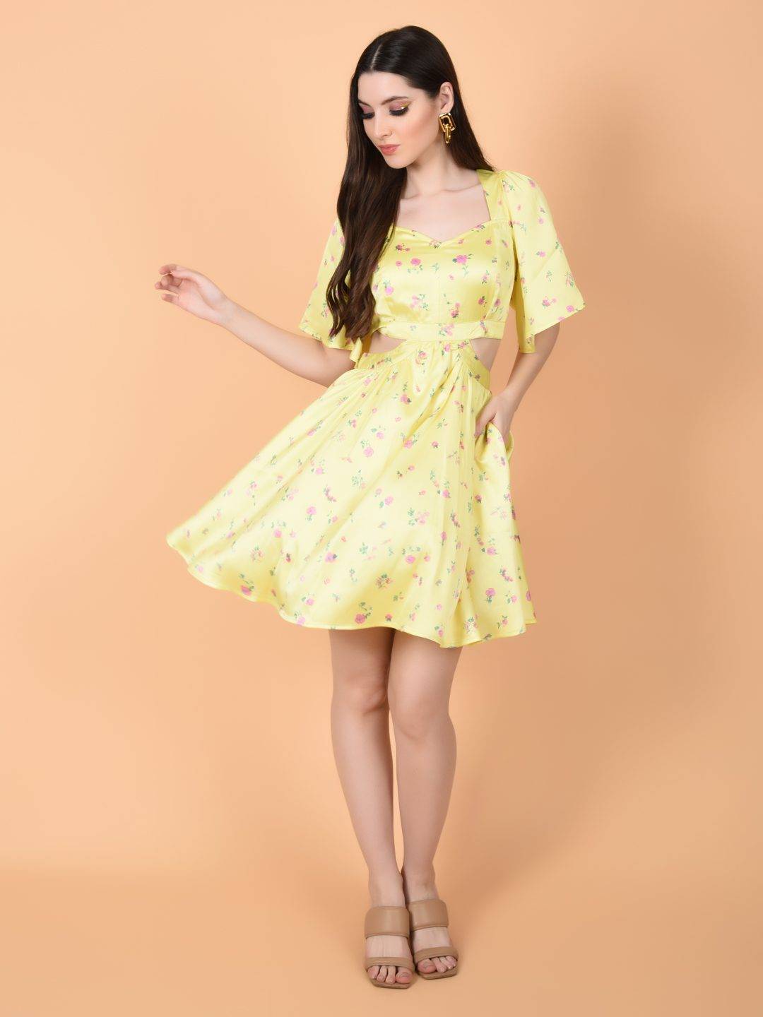Yellow Print Dress in Luxurious Satin | ALAN Being Flawless