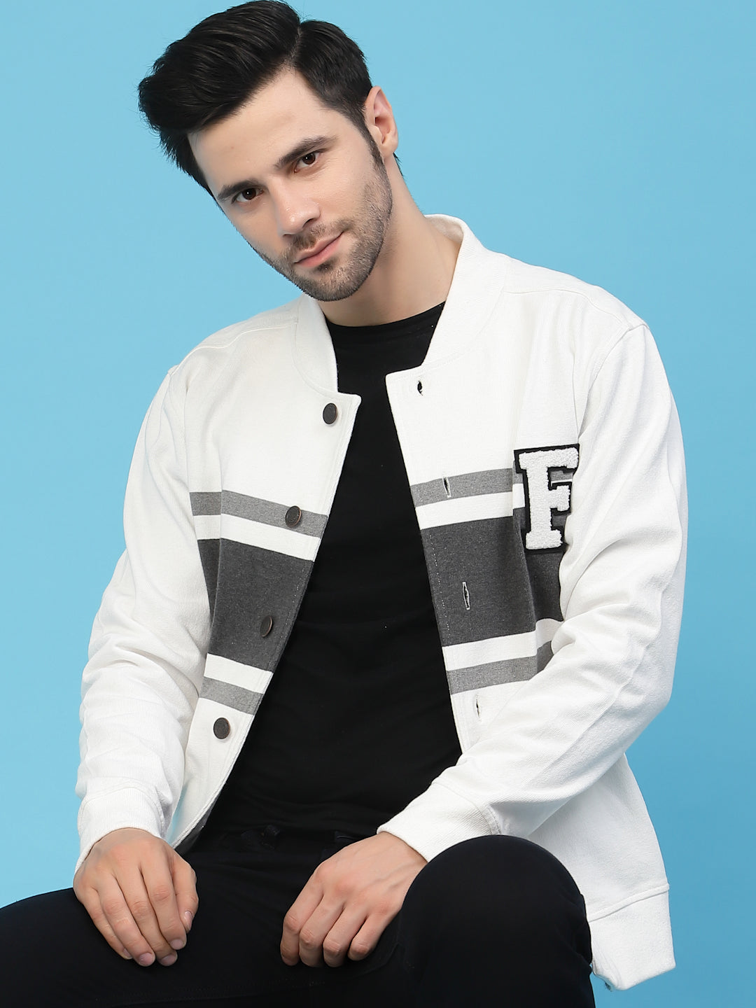 Flawless Men Grey Colourblocked Cotton Bomber with Patchwork Jacket Being Flawless