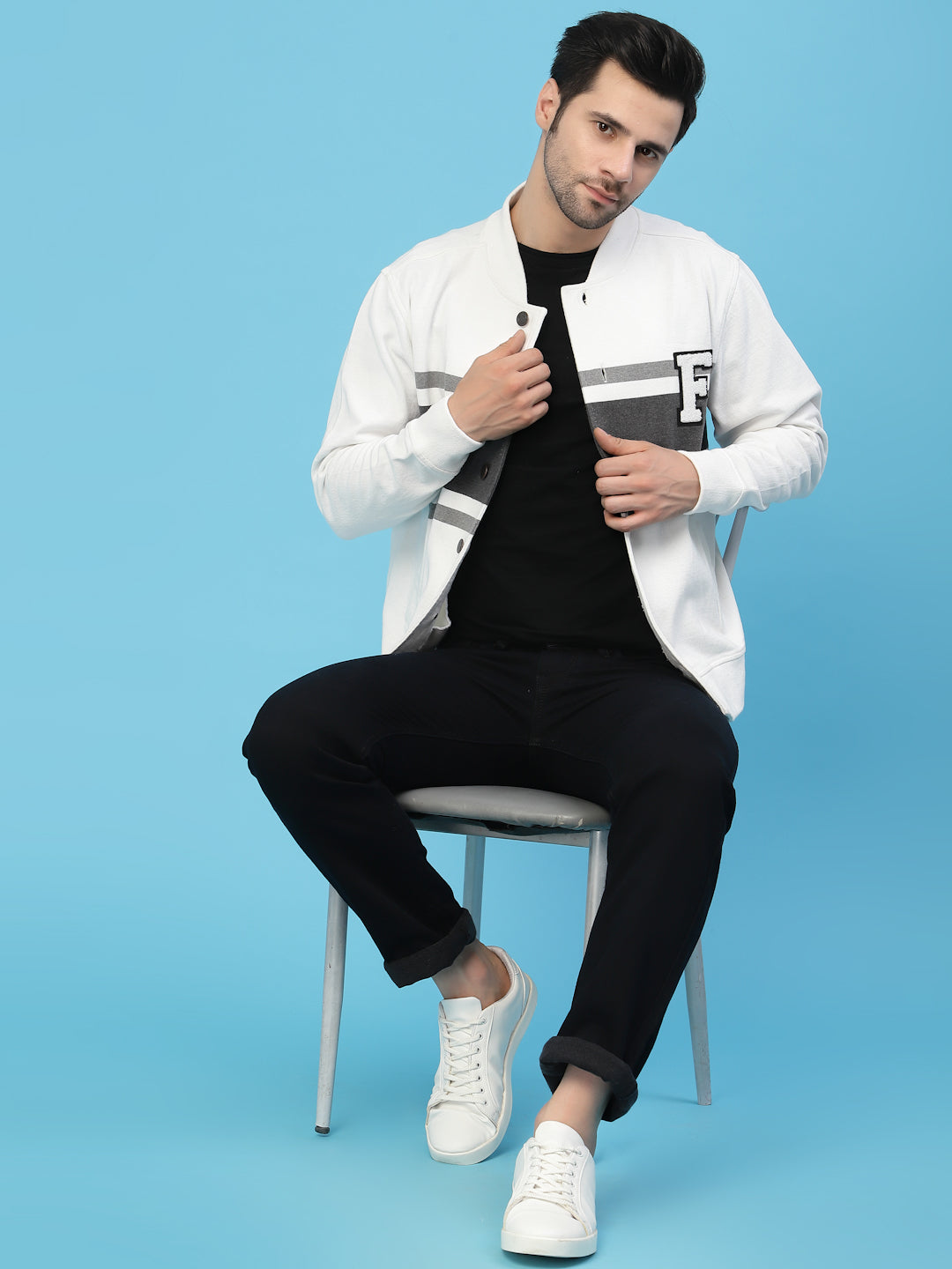 Flawless Men Grey Colourblocked Cotton Bomber with Patchwork Jacket Being Flawless
