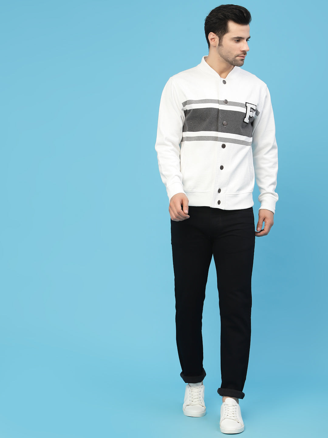 Flawless Men Grey Colourblocked Cotton Bomber with Patchwork Jacket Being Flawless