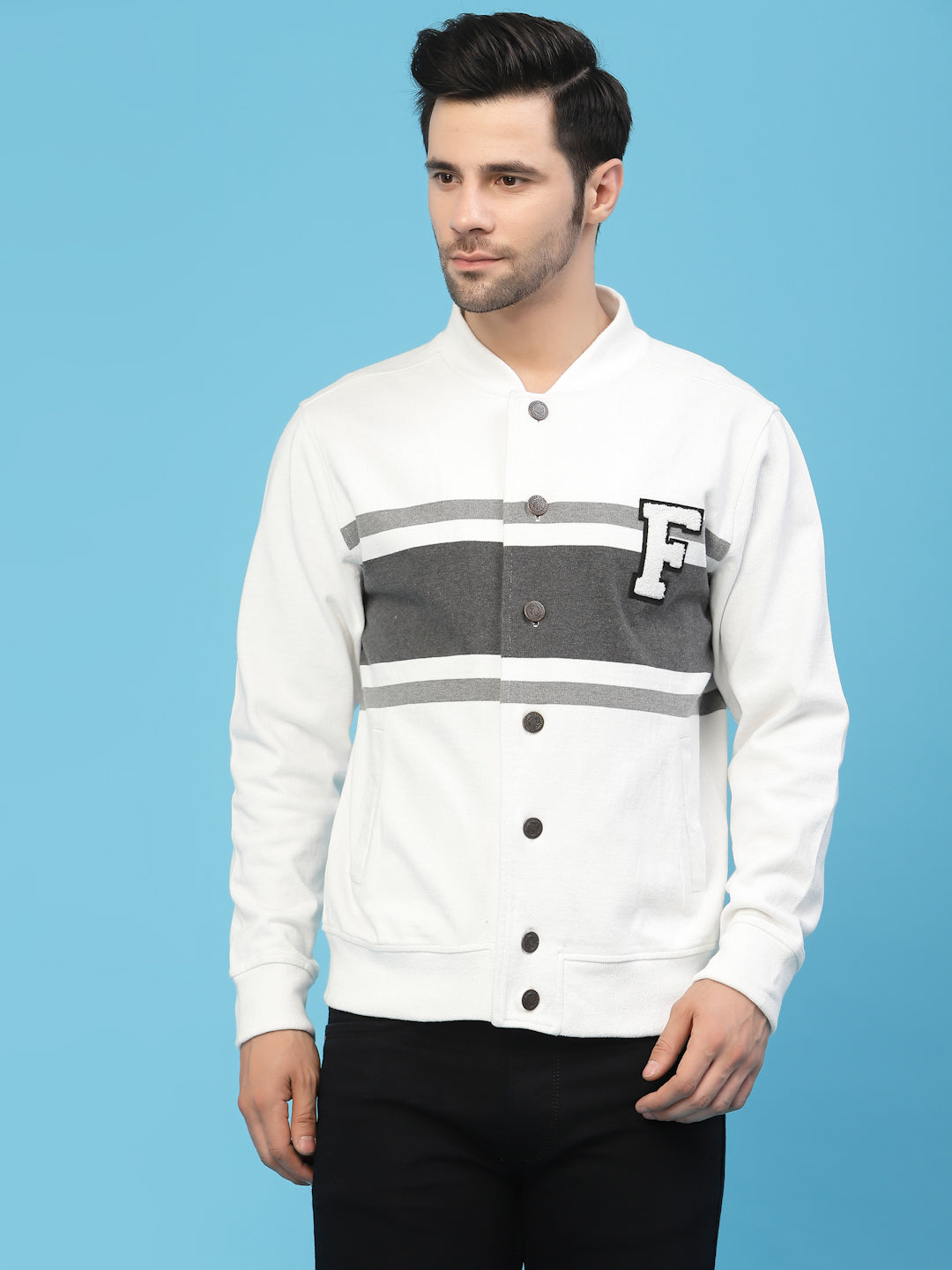 Flawless Men Grey Colourblocked Cotton Bomber with Patchwork Jacket Being Flawless