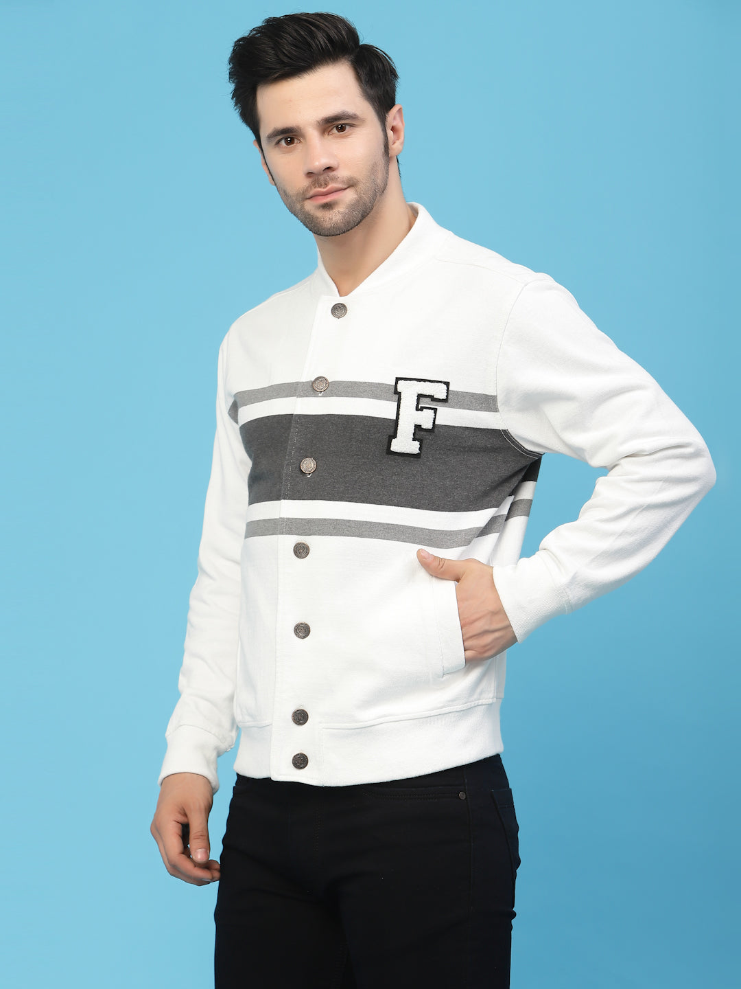 Flawless Men Grey Colourblocked Cotton Bomber with Patchwork Jacket Being Flawless