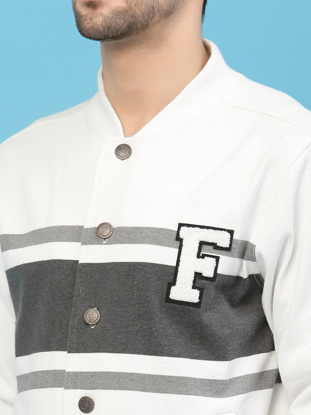 Flawless Men Grey Colourblocked Cotton Bomber with Patchwork Jacket Being Flawless