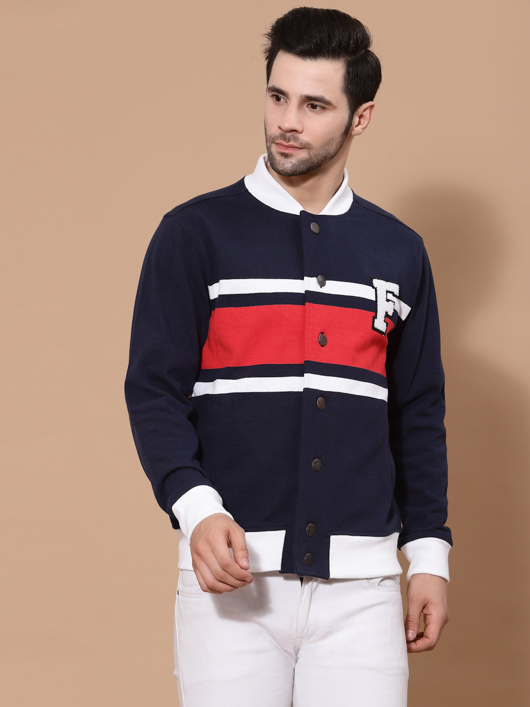 Flawless Men Colourblocked Cotton Bomber with Patchwork Jacket Being Flawless