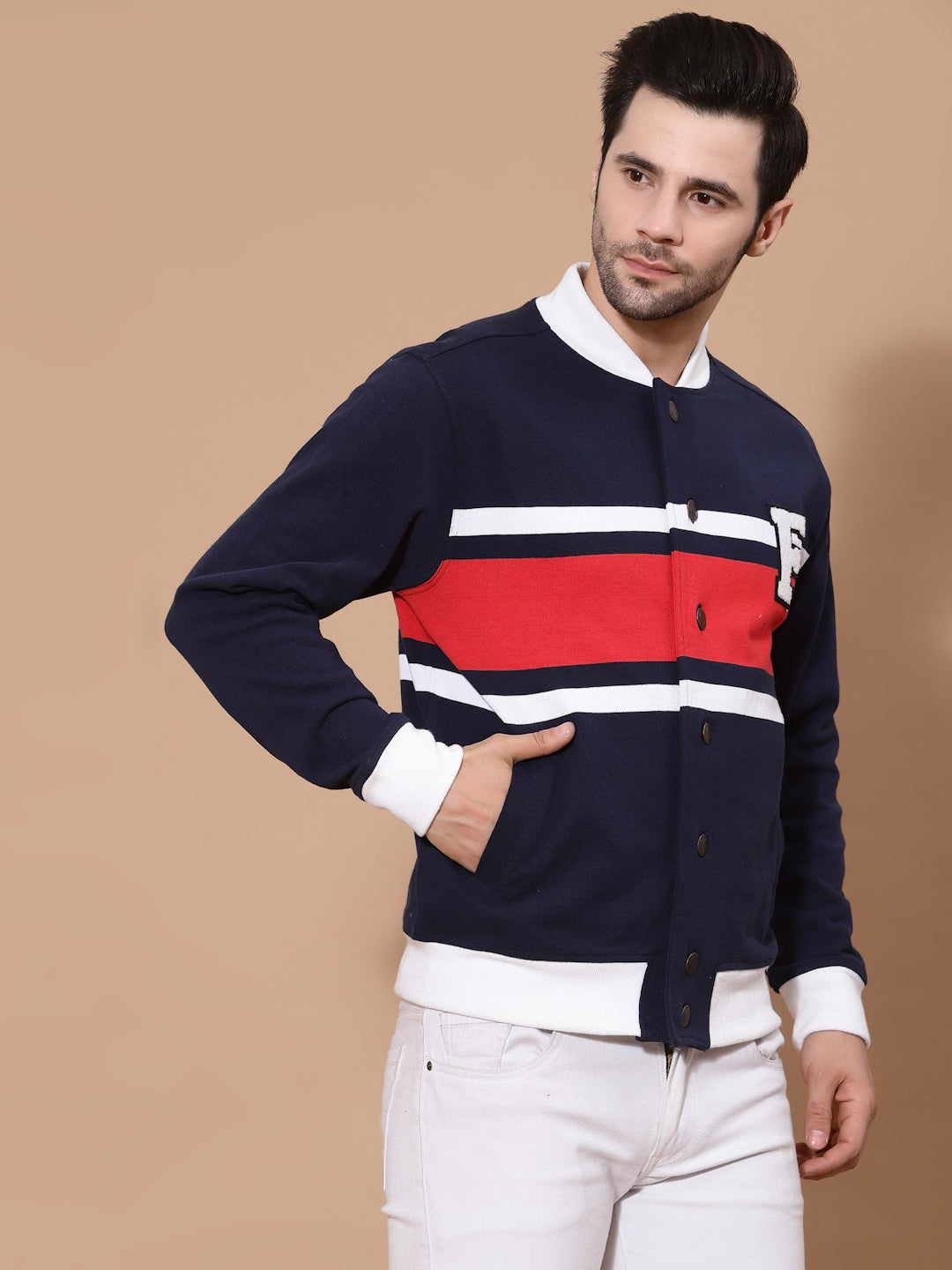 Flawless Men Colourblocked Cotton Bomber with Patchwork Jacket Being Flawless