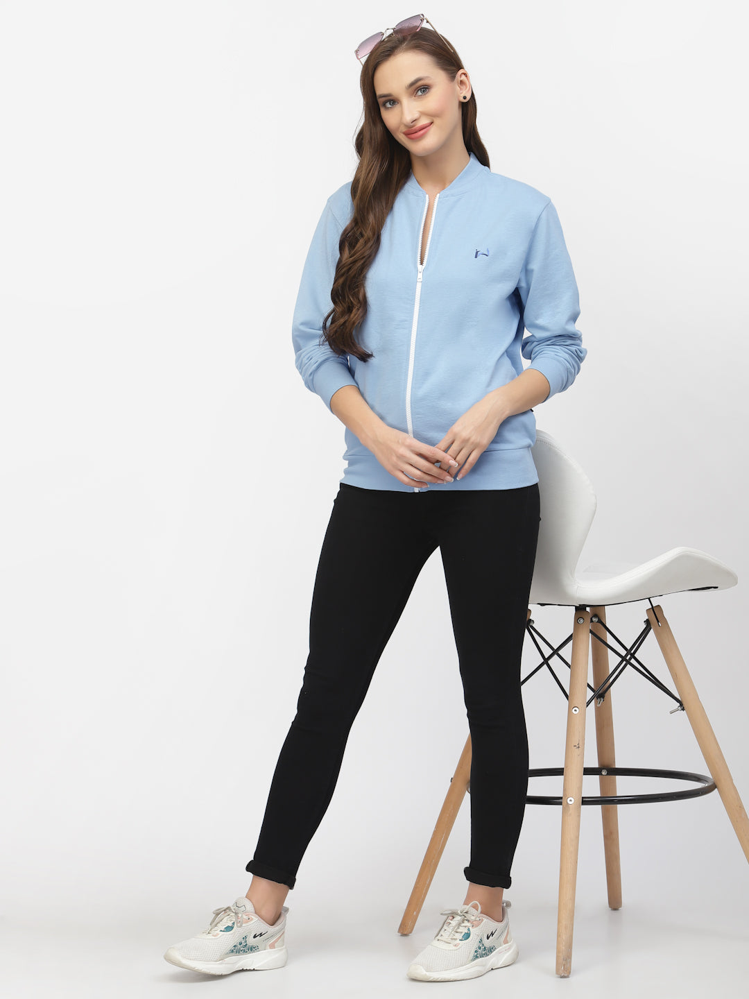 Flawless Women Blue Solid Zipper Sweatshirt Being Flawless