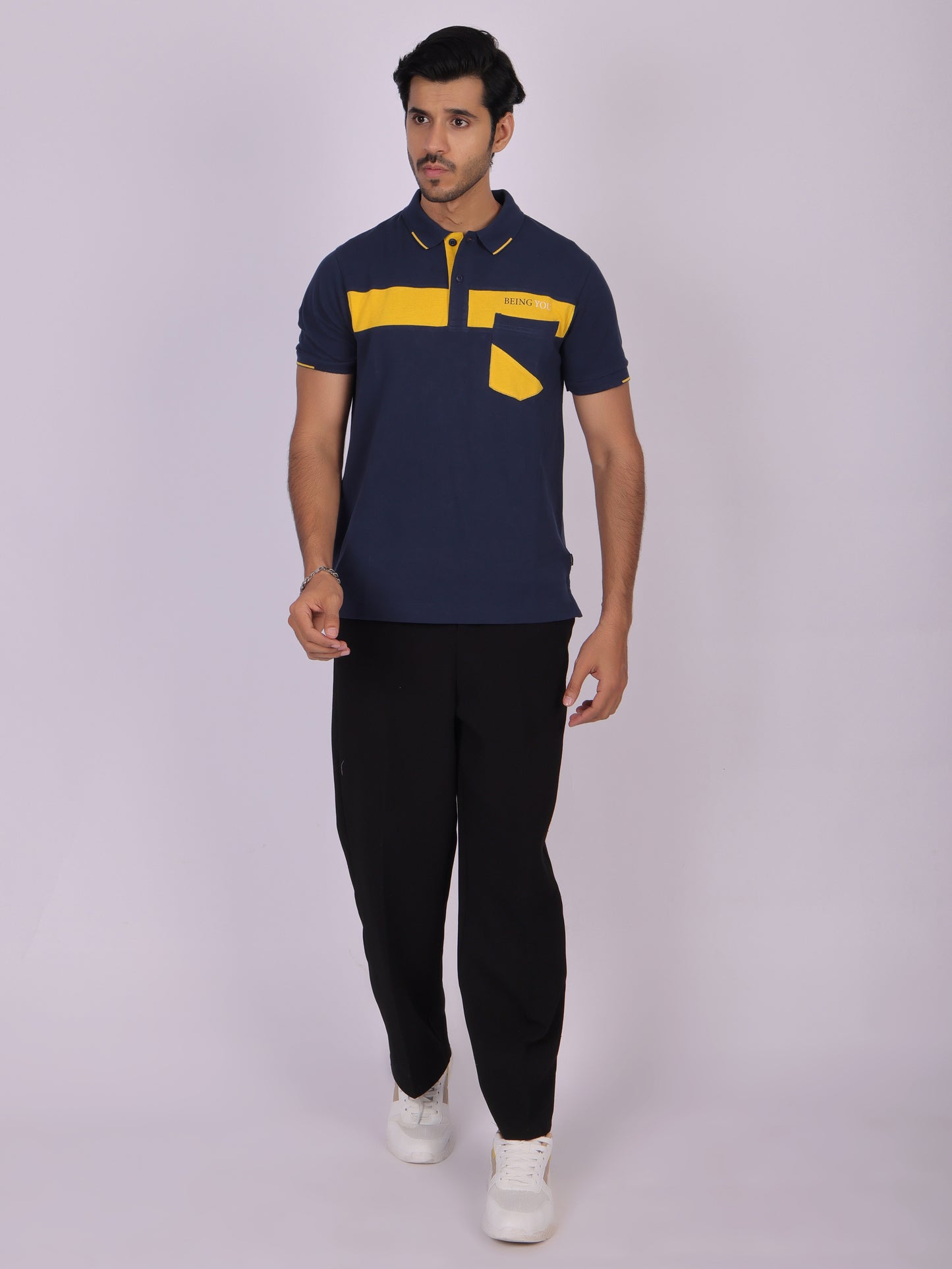 Men's Navy Blue Cotton Polo T-shirt with Yellow Accent - Casual, Comfortable, Versatile Being Flawless