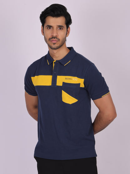 Men's Navy Blue Cotton Polo T-shirt with Yellow Accent - Casual, Comfortable, Versatile Being Flawless