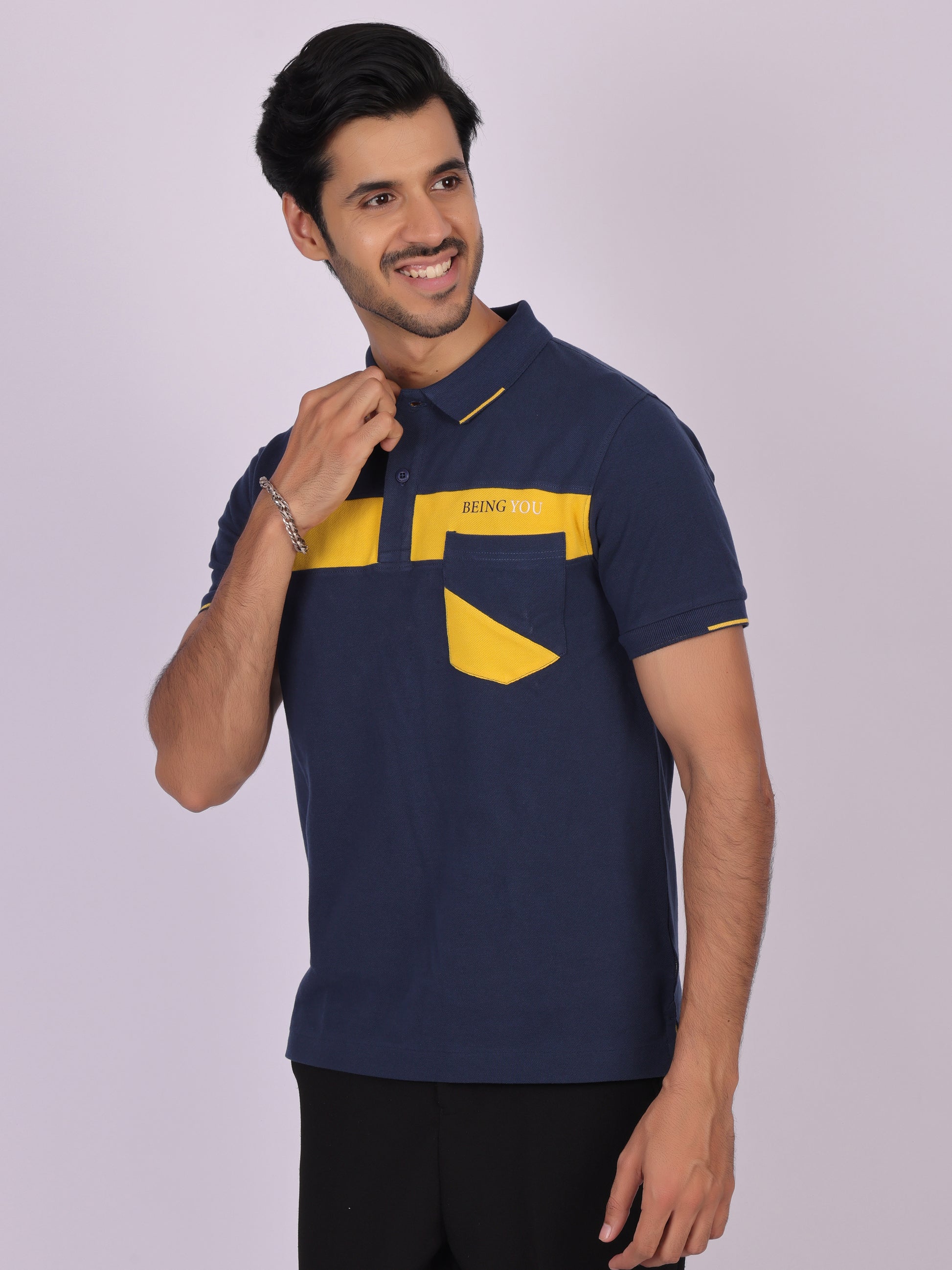 Men's Navy Blue Cotton Polo T-shirt with Yellow Accent - Casual, Comfortable, Versatile Being Flawless