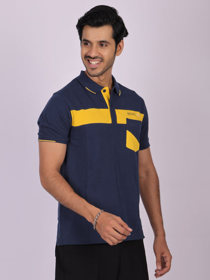 Men's Navy Blue Cotton Polo T-shirt with Yellow Accent - Casual, Comfortable, Versatile Being Flawless