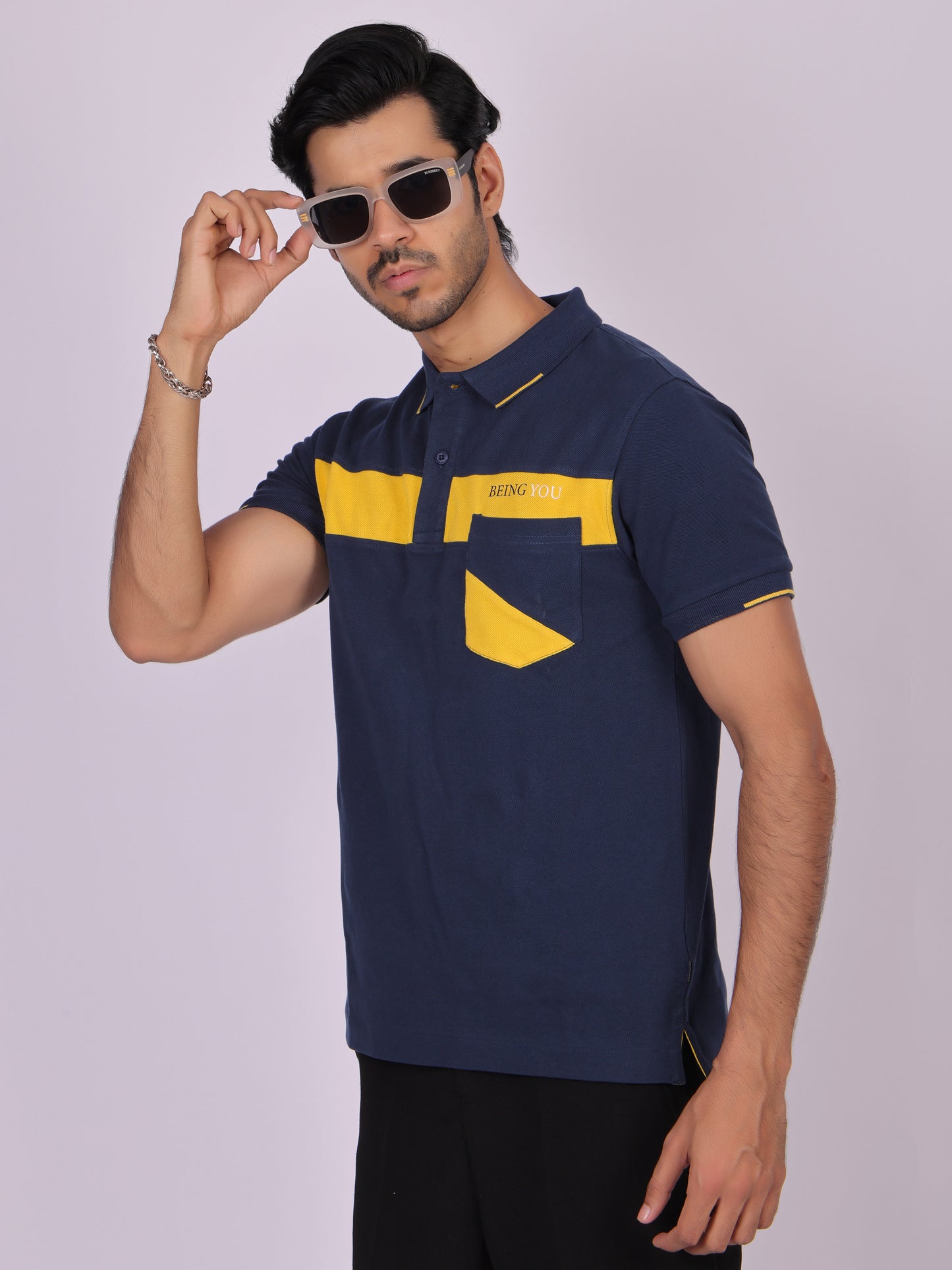 Men's Navy Blue Cotton Polo T-shirt with Yellow Accent - Casual, Comfortable, Versatile Being Flawless