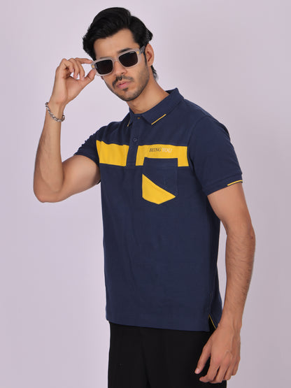 Men's Navy Blue Cotton Polo T-shirt with Yellow Accent - Casual, Comfortable, Versatile Being Flawless