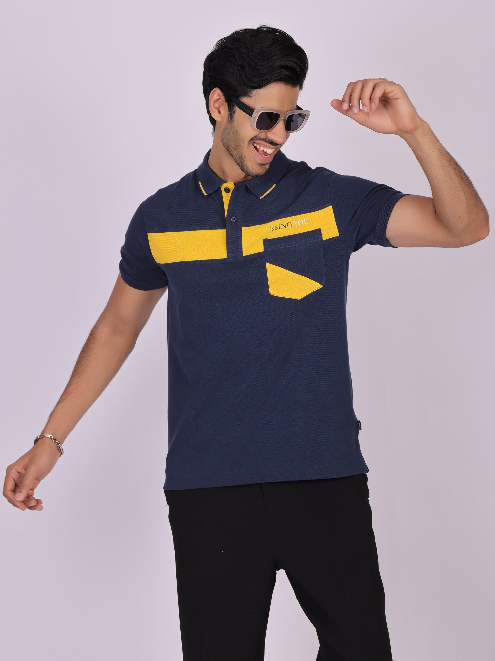 Men's Navy Blue Cotton Polo T-shirt with Yellow Accent - Casual, Comfortable, Versatile Being Flawless