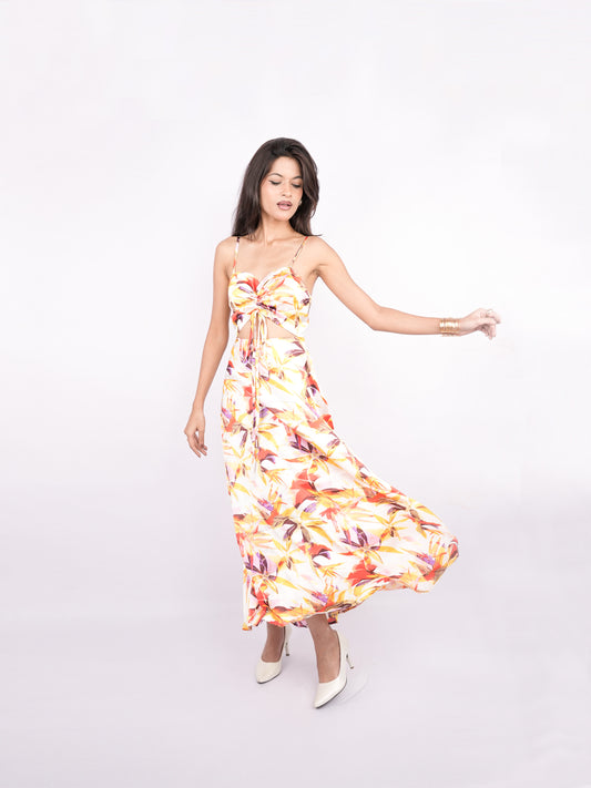 Flawless Floral cut out Satin Dress - Yellow & Orange Being Flawless