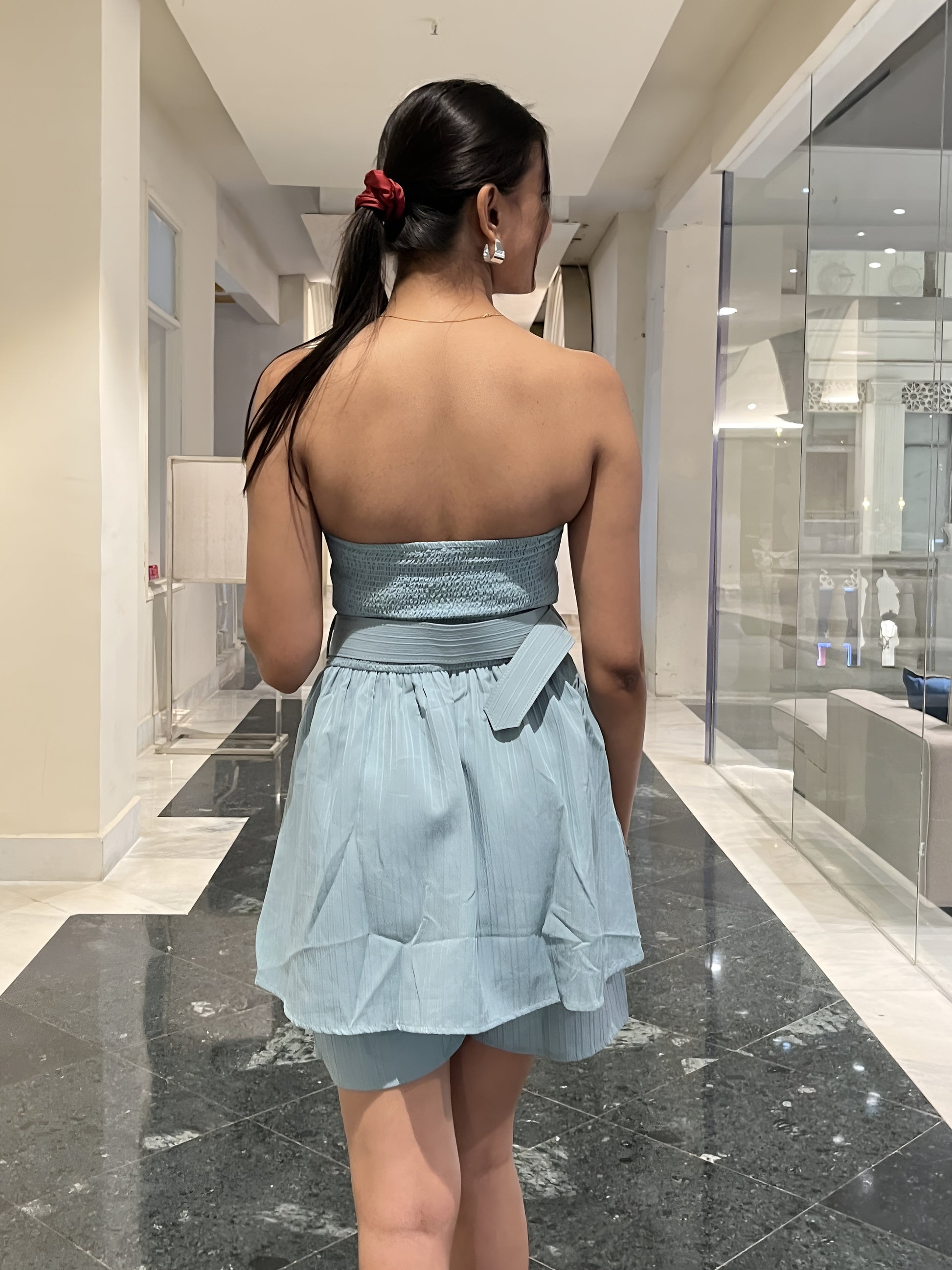 Mint Blue Strapless Dress for Work or Party | Flattering To-Fit Style Being Flawless