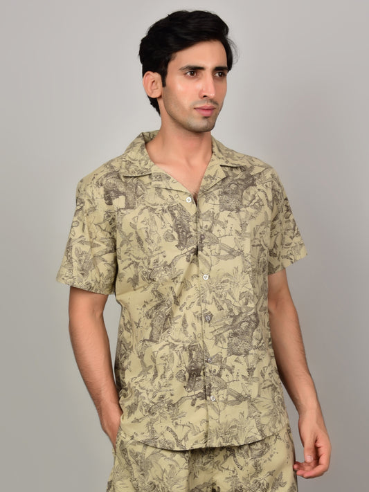 Men's Light Olive Floral Print Casual Shirt Being Flawless