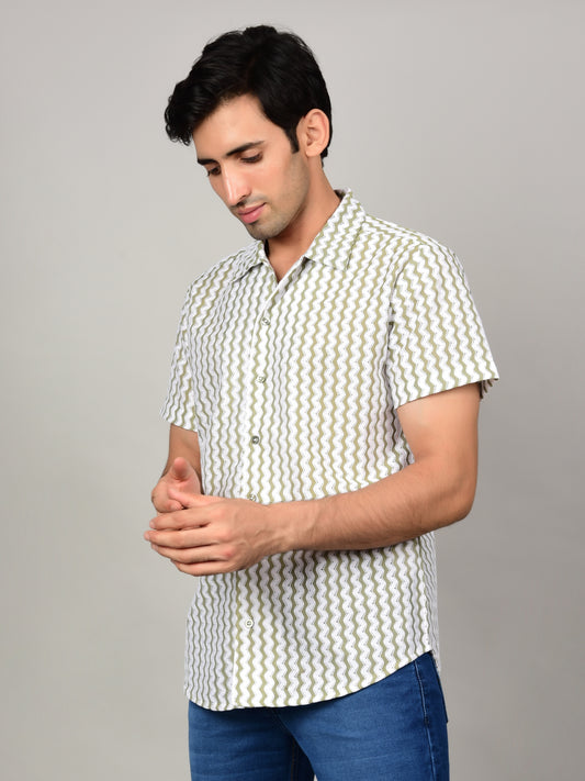 Men's Textured Casual Shirt - Sage Green & White Being Flawless