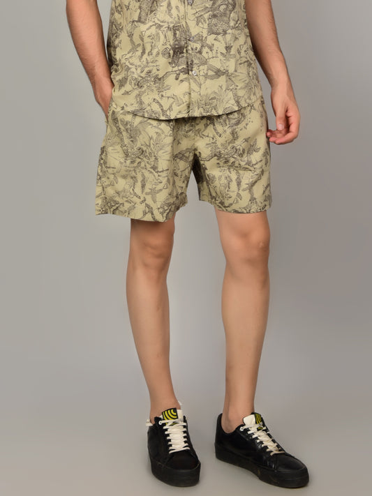 Men's Light Olive Floral Print Casual Short Being Flawless