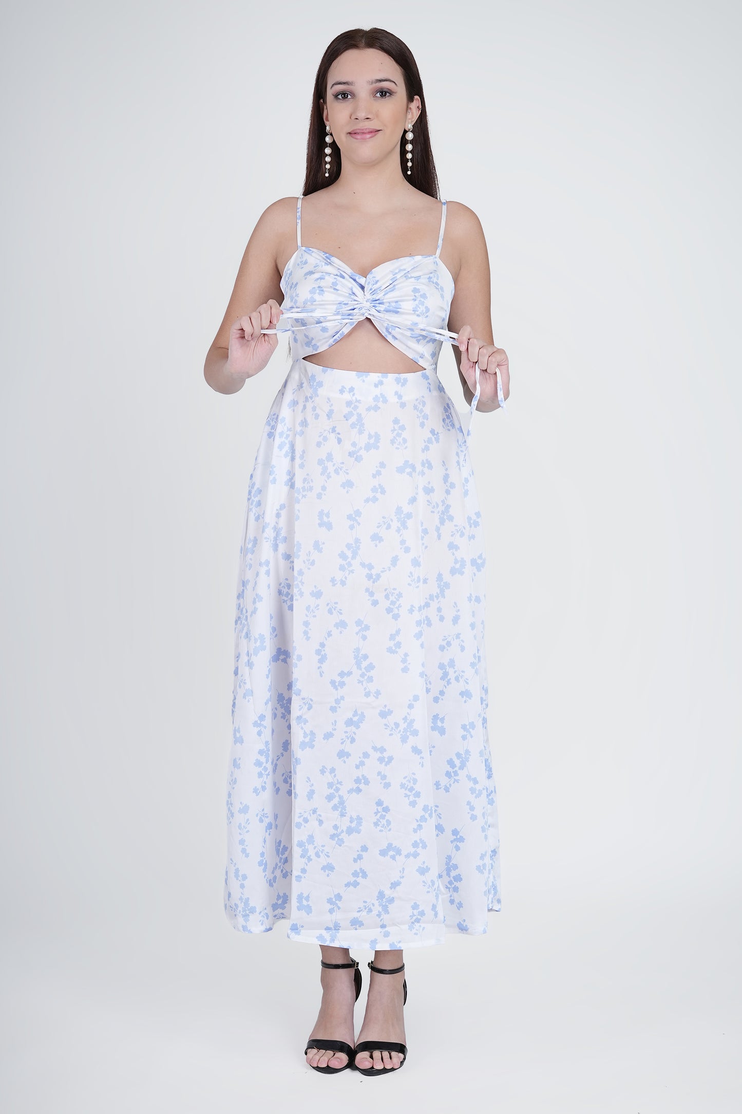 Flawless Cutout Satin Dress - Blue and White Being Flawless