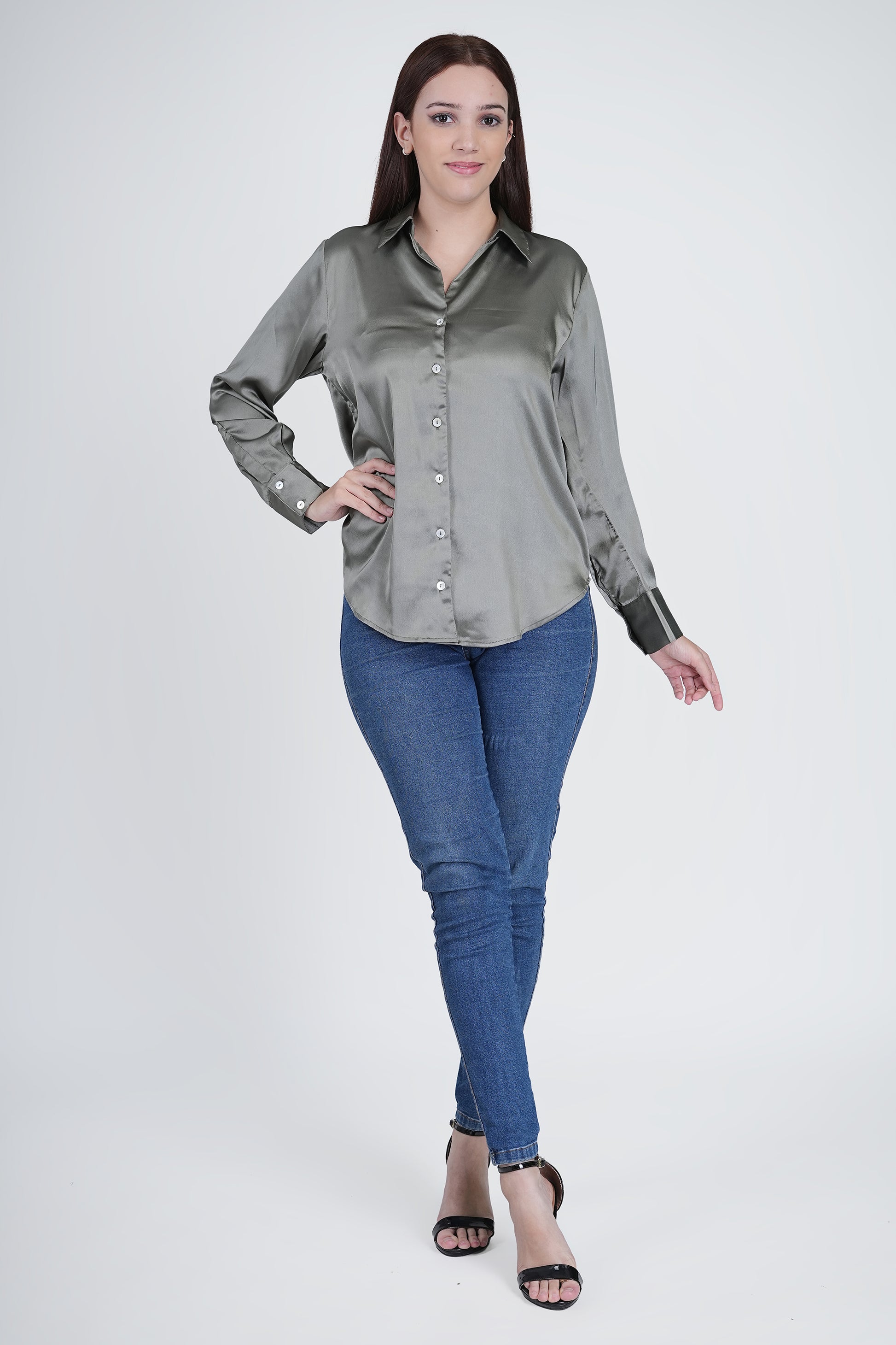 Olive Green Satin Shirt for Women Being Flawless