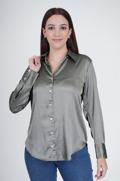 Olive Green Satin Shirt for Women Being Flawless