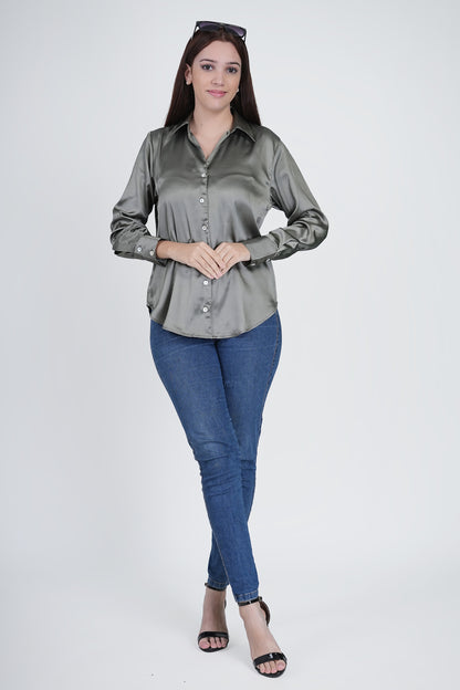 Olive Green Satin Shirt for Women Being Flawless