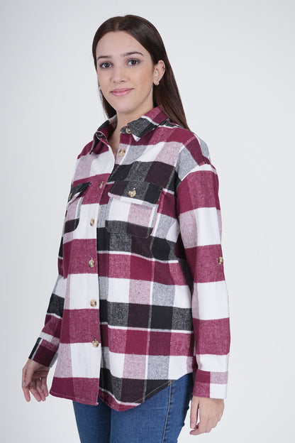 Pink and Black Women's Boxy Fit Checkered Shacket Being Flawless