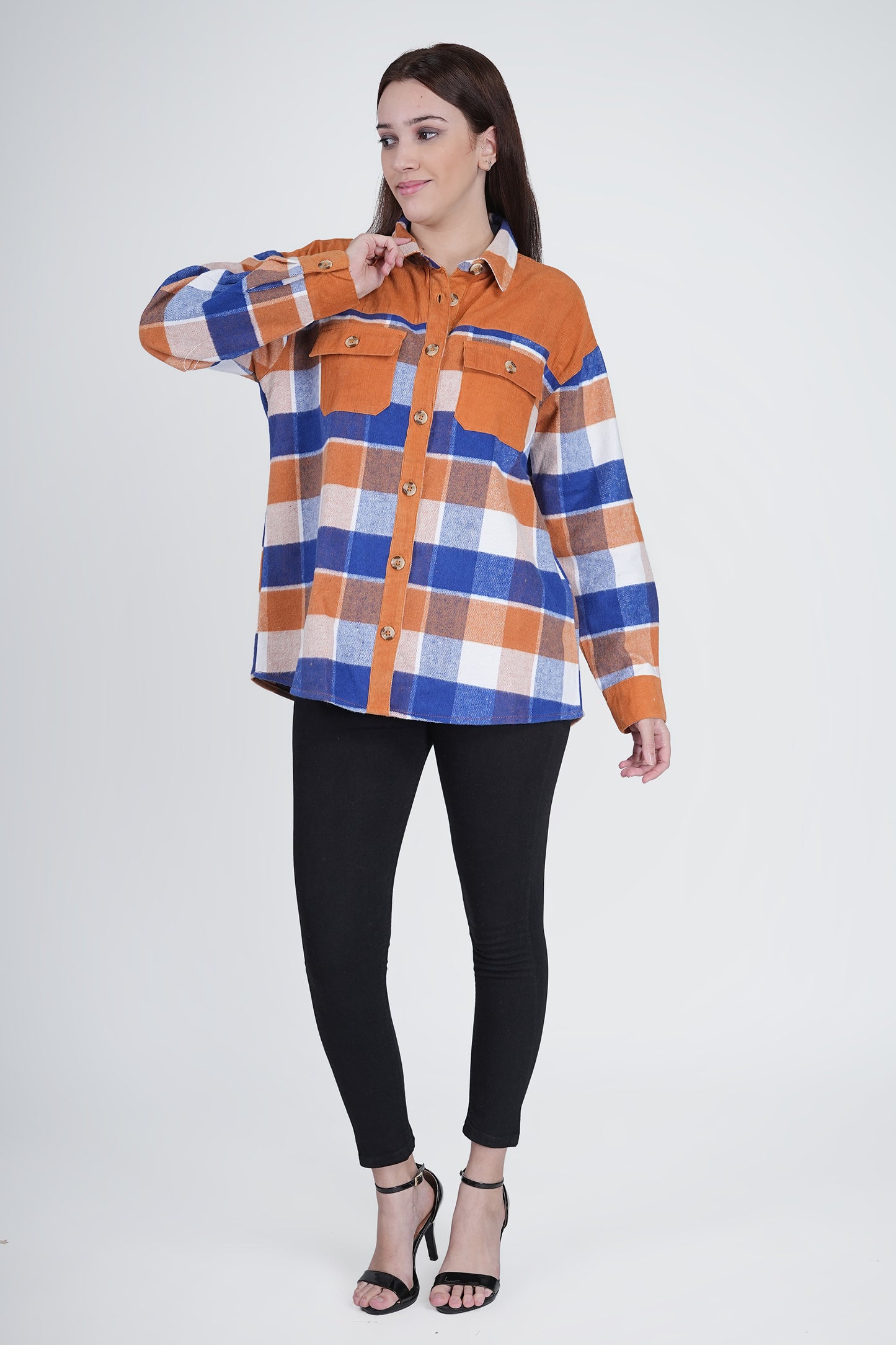 Orange Women's Boxy Fit Checkered Curved Collar Shacket Being Flawless