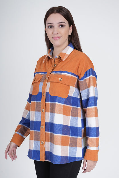 Orange Women's Boxy Fit Checkered Curved Collar Shacket Being Flawless