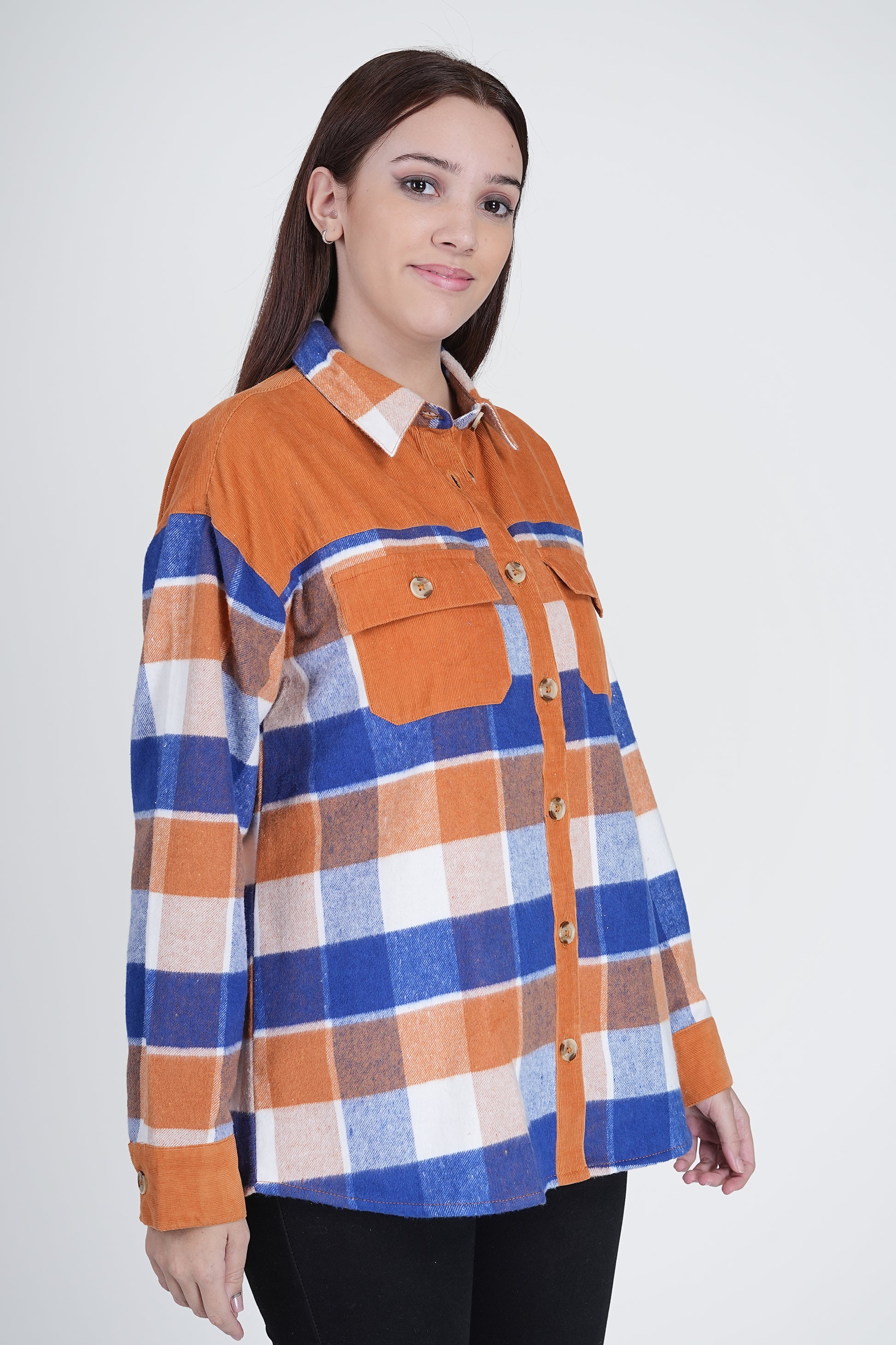 Orange Women's Boxy Fit Checkered Curved Collar Shacket Being Flawless