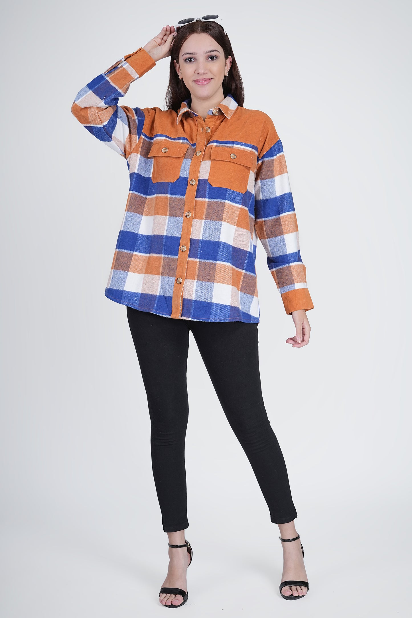 Orange Women's Boxy Fit Checkered Curved Collar Shacket Being Flawless