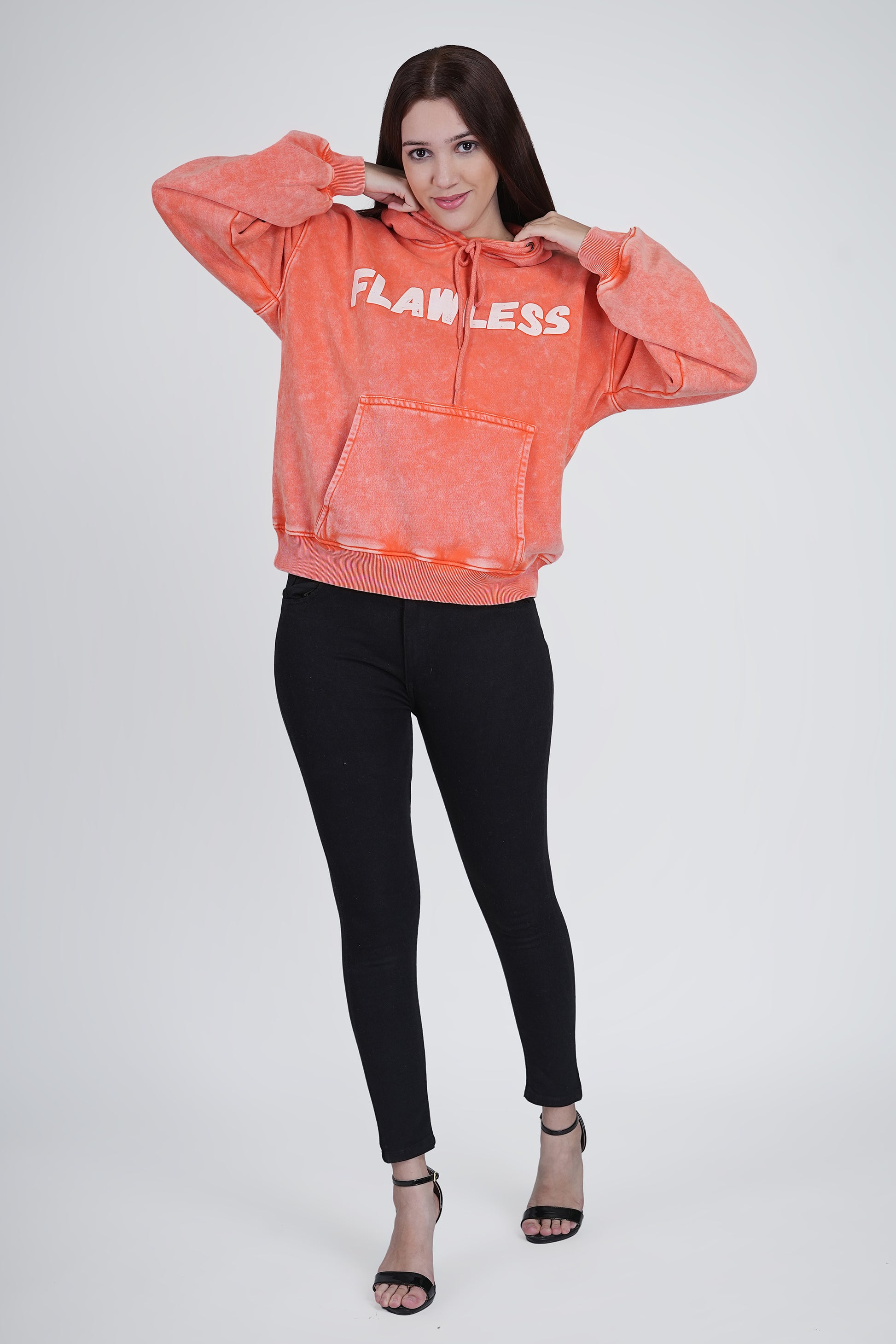 Orange Full Sleeve Solid Hooded Sweatshirt for Women Being Flawless