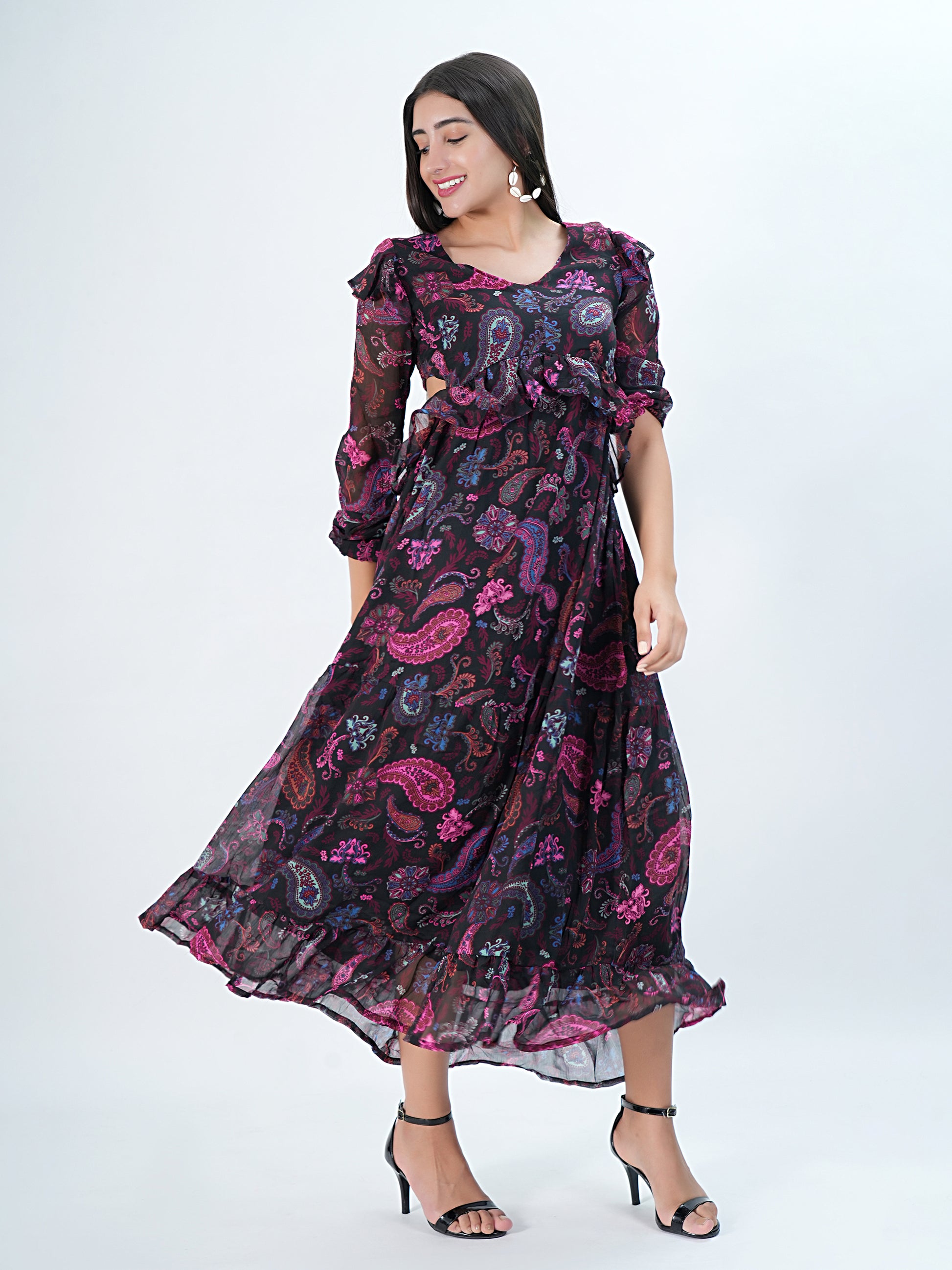 Flawless Women Multicolor Maxi Maroon Dress | RUFFLE Being Flawless