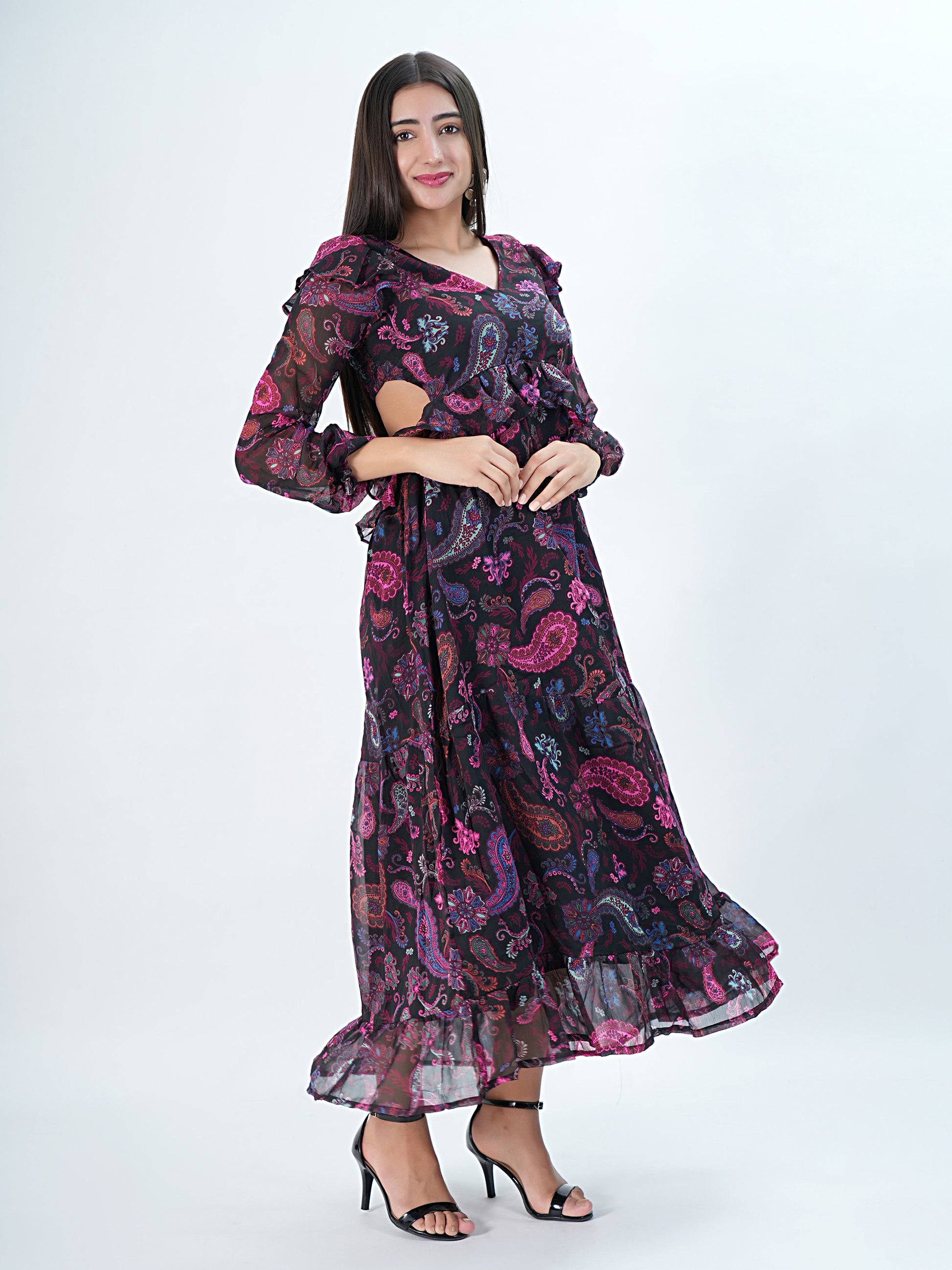 Flawless Women Multicolor Maxi Maroon Dress | RUFFLE Being Flawless