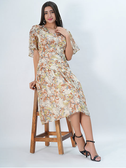 Chic Beige Printed Midi Dress with Pockets | VINTAGE Being Flawless